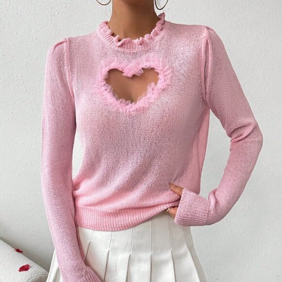 Pink Casual Women's Long Sleeve Sweater With Flounce Trim And Decorative Edges - Picture 4 of 5